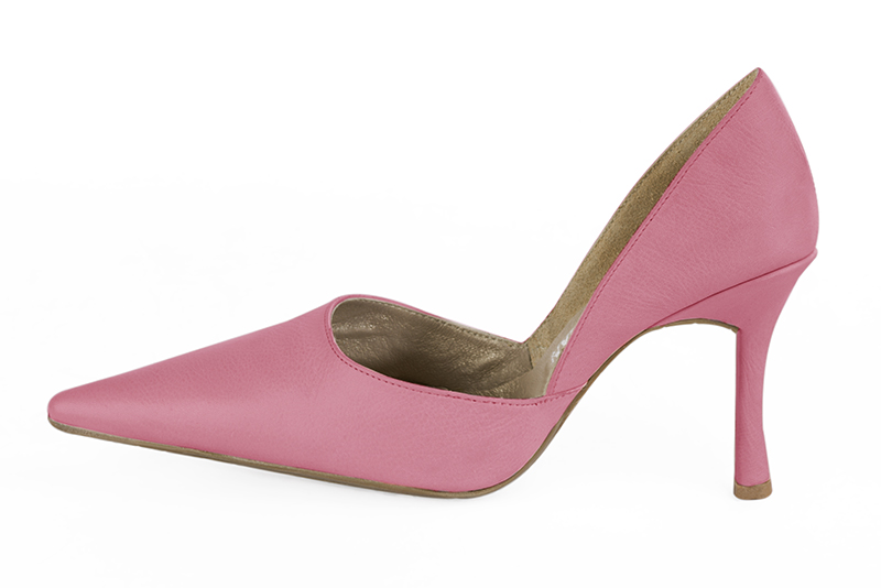 Carnation pink women's open arch dress pumps. Pointed toe. Very high slim heel. Profile view - Florence KOOIJMAN